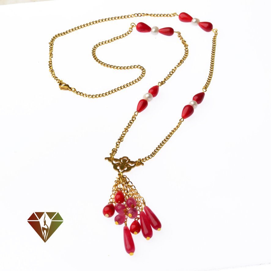 گردنبند مروارید و مرجان و جید گردنبند مروارید و مرجان و جید